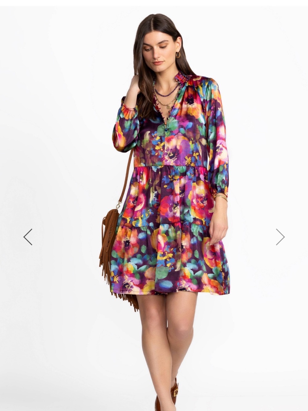 Johnny Was Workshop Elektra Field Dress Silk Floral Smocked Neck 3/4 S
